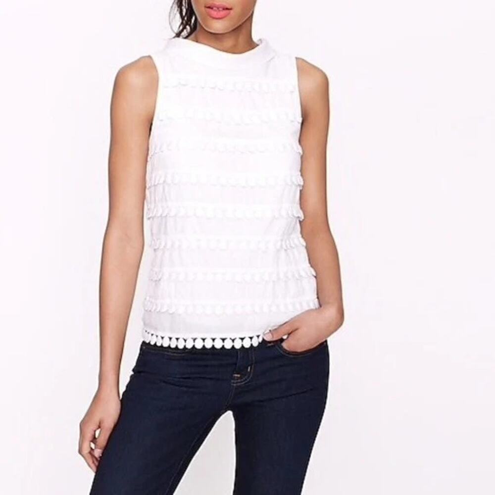 J. Crew Women's White Cotton Pom Pom Sleeveless Shell Lined Blouse Top Size 4